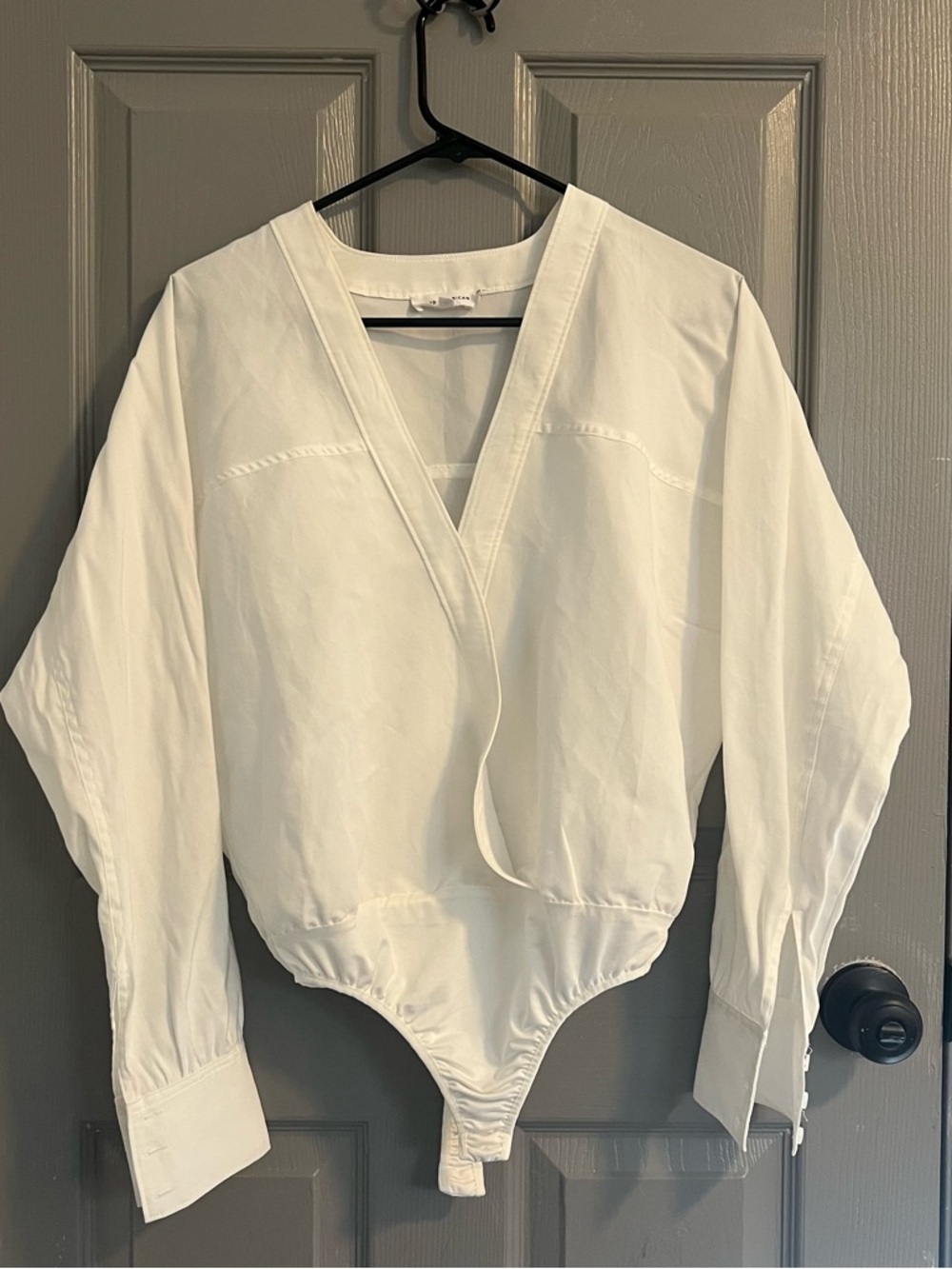 Good American White Wrap-Front Shirt Bodysuit Long Sleeve Button Cuff